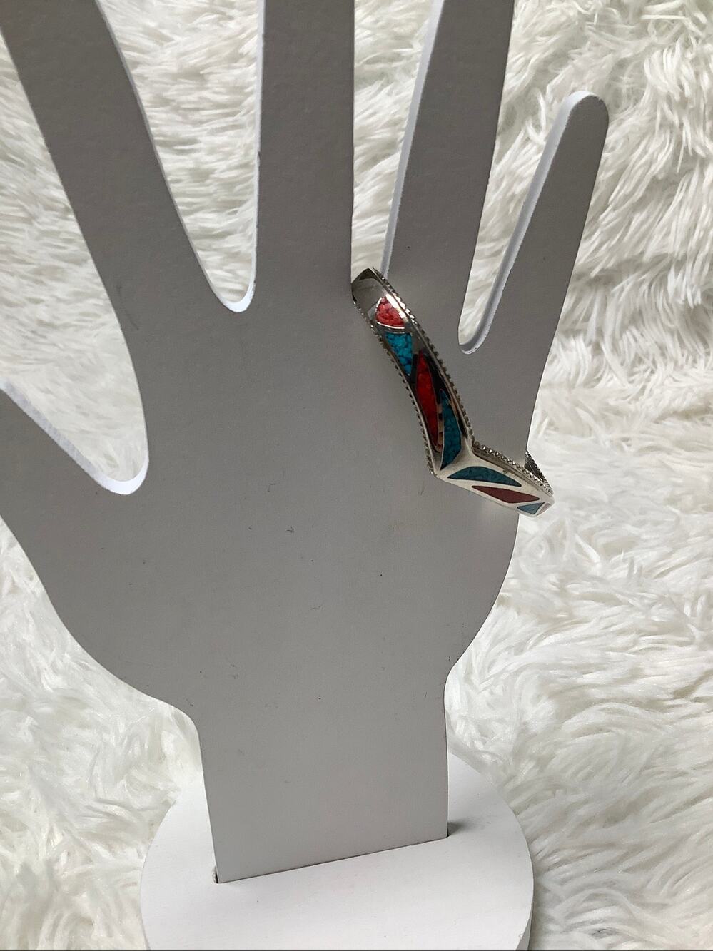 Zuni Sterling Silver Stone Inlay Native American Cuff Bracelet Vintage E3-34